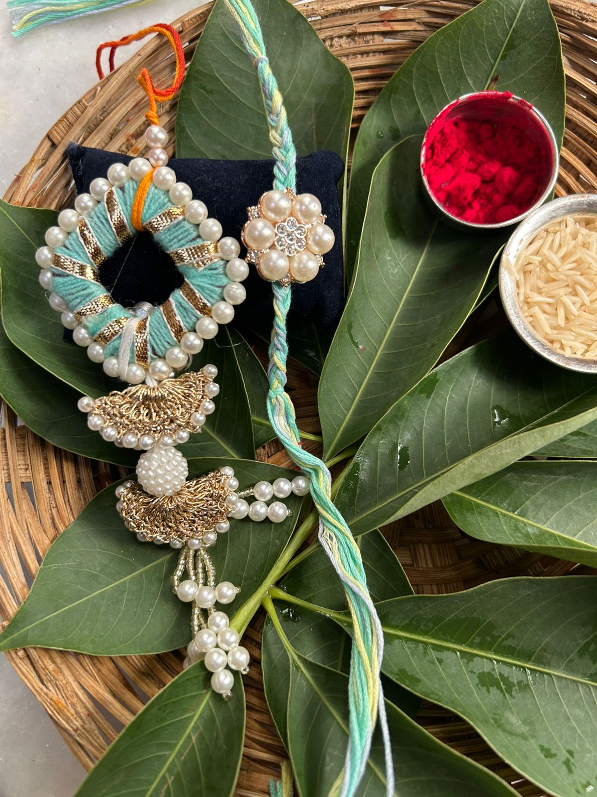 Elegant Blue Pearl Designer Rakhi & Lumba Set – Handcrafted Bhaiya Bhabhi Rakhi Combo for Raksha Bandhan 2025