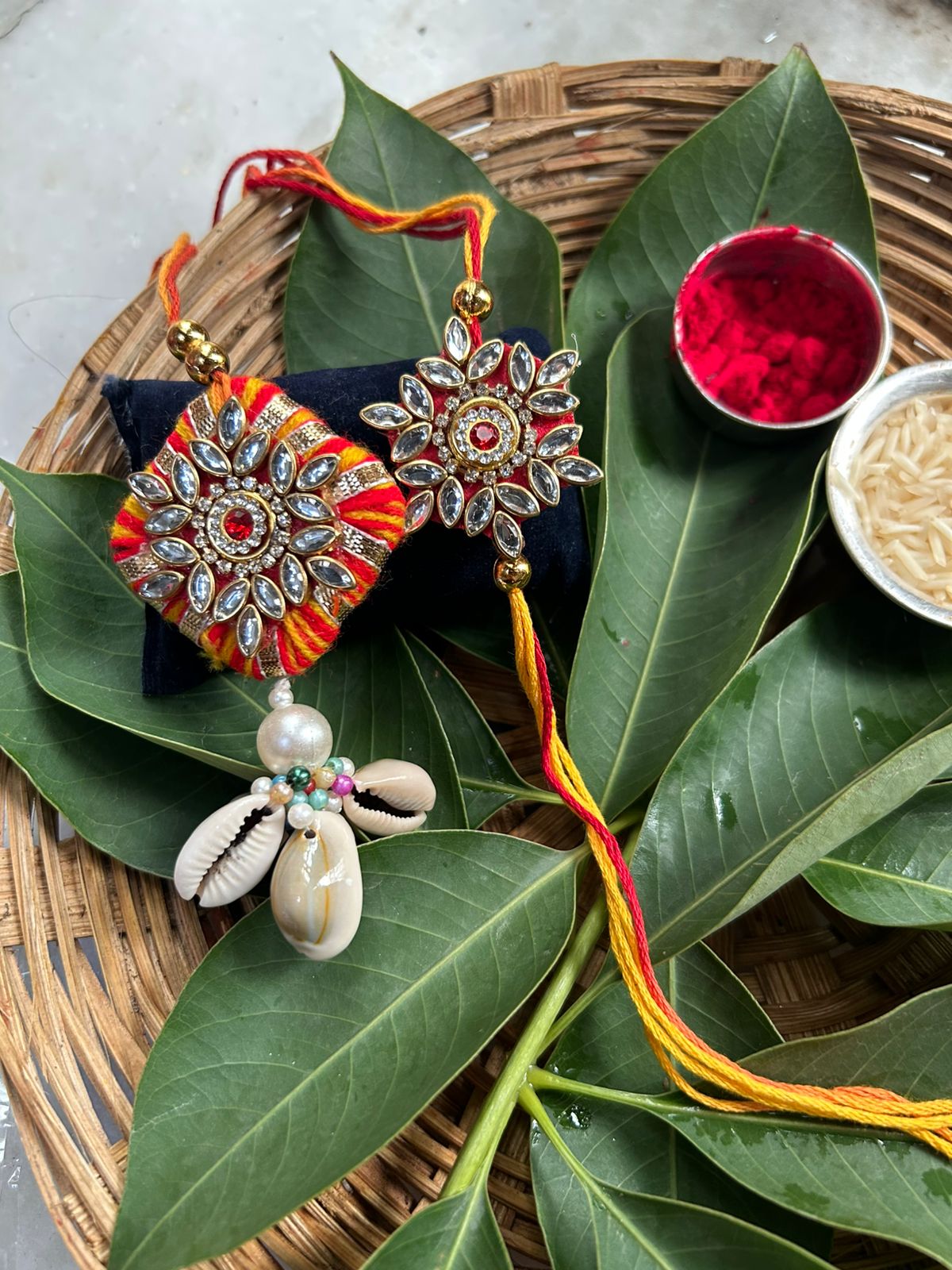 Premium Designer Rakhi Set with Kundan Work & Shell Decoration – Traditional Bhai Rakhi Combo for Raksha Bandhan 2025