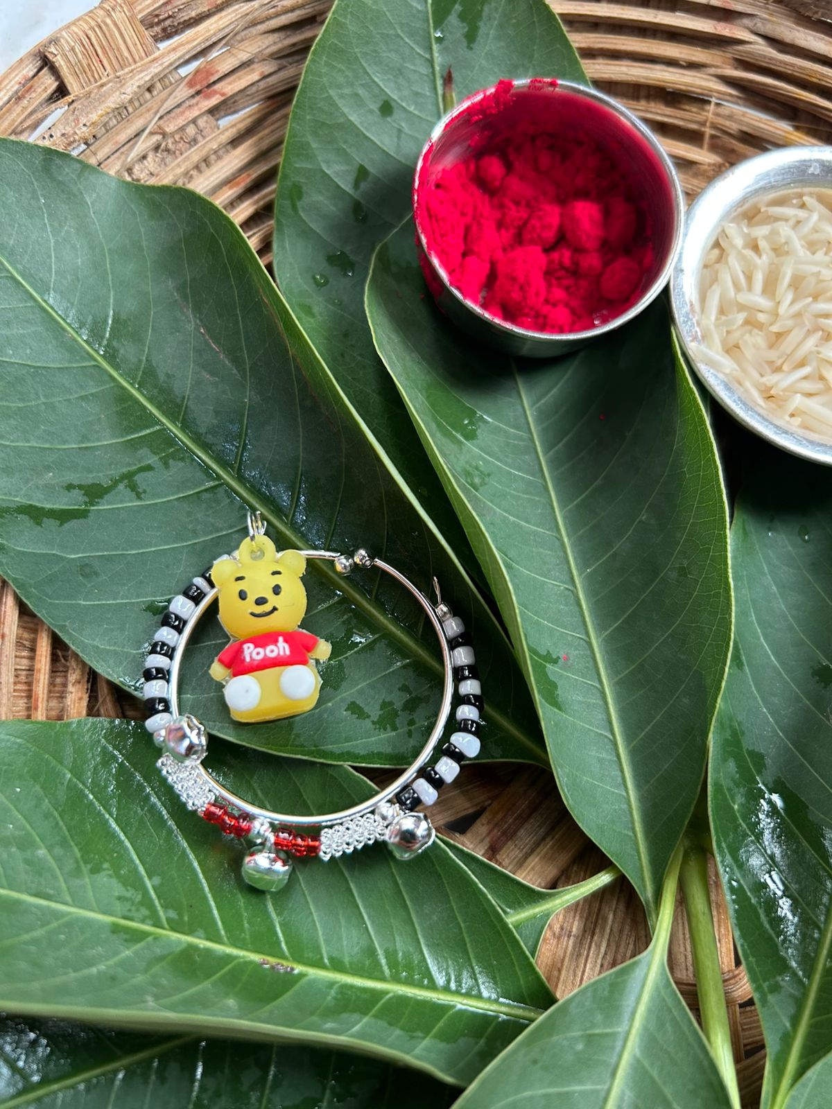 Cute Pooh Kids Rakhi with Silver Beads & Bells – Cartoon Rakhi for Boys Raksha Bandhan 2025