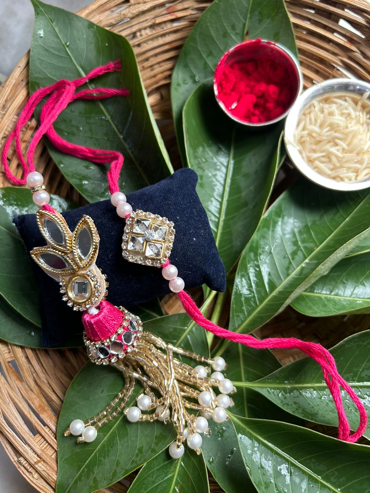 Designer Bhaiya Bhabhi Rakhi Set with Mirror & Pearl Work – Pink Thread Rakhi Combo for Raksha Bandhan 2025