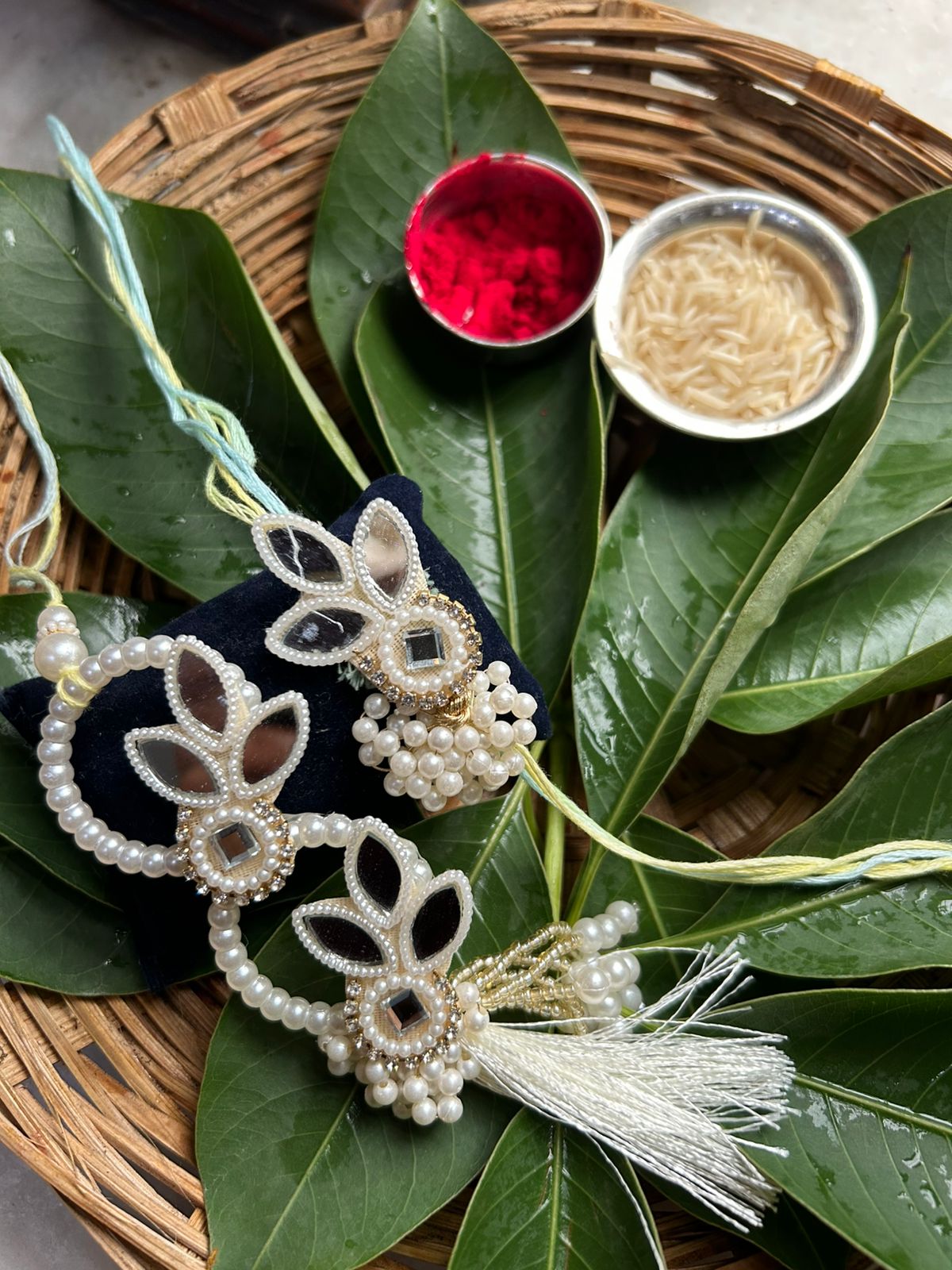Pearl & Mirror Work Bhaiya Bhabhi Rakhi Set – Stylish Designer Rakhi Combo for Raksha Bandhan 2025
