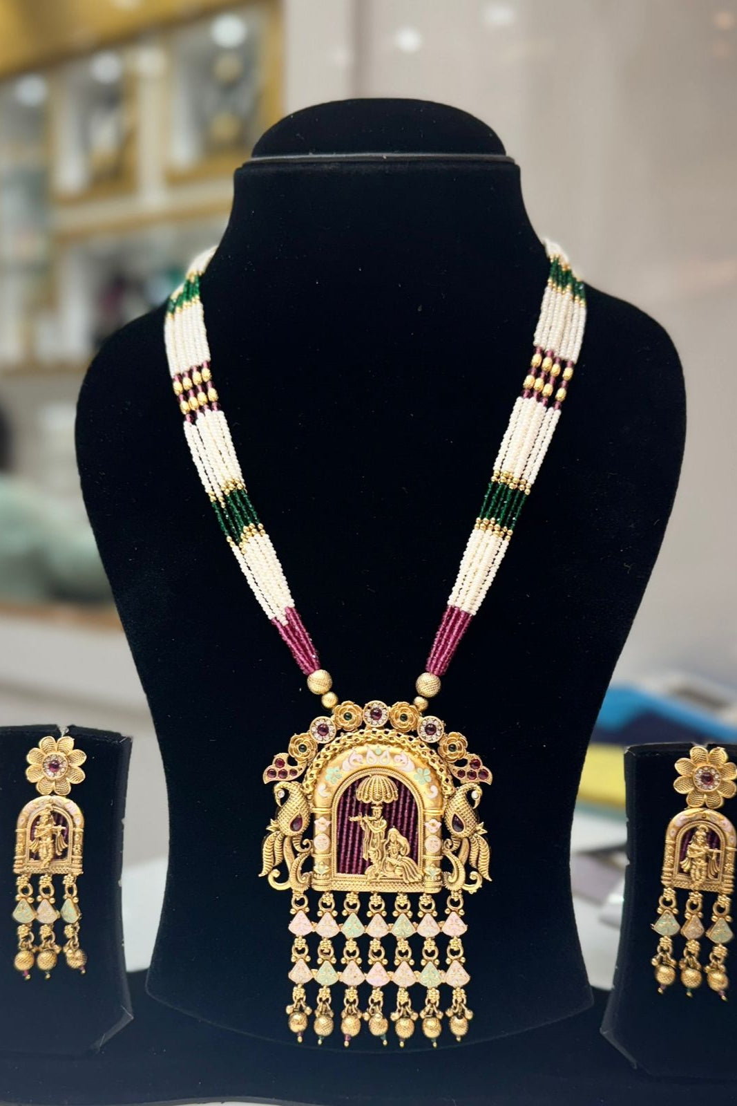 Beaded Multi Strand Long Radha Krishna Necklace and Earring Set