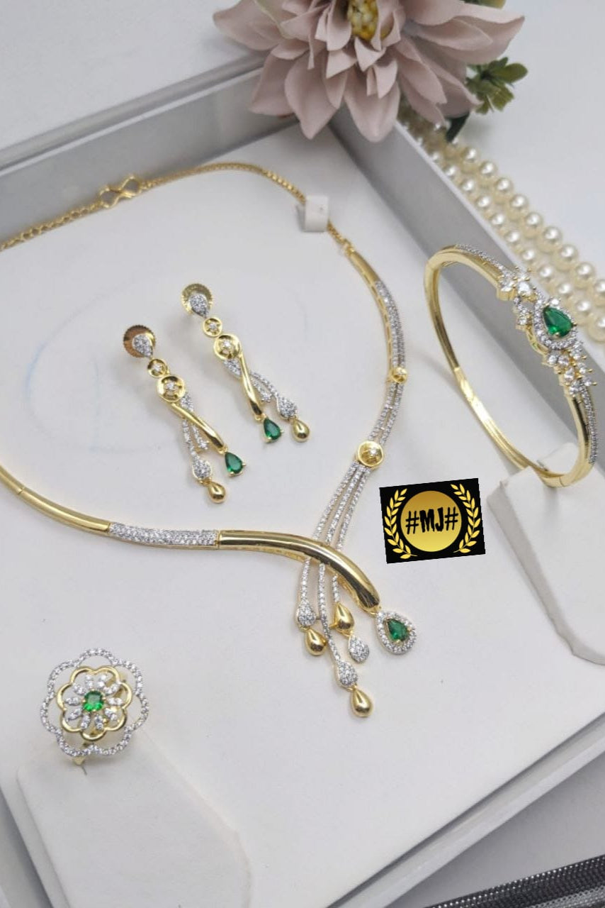 Gold-Plated American Diamond Jewelry Set with Ring, Necklace, Earrings & Bracelet – Bridal & Party Wear