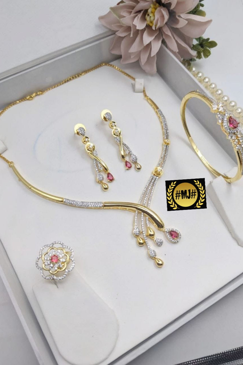 Gold-Plated American Diamond Jewelry Set with Ring, Necklace, Earrings & Bracelet – Bridal & Party Wear