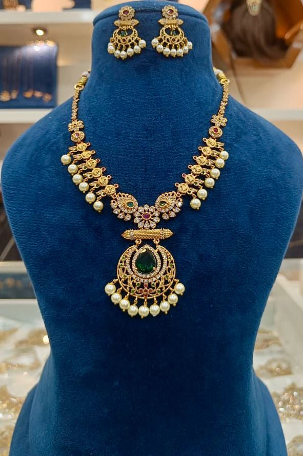 Traditional Gold-Plated Temple Necklace Set with Pearls & Stone Pendant – Bridal & Ethnic Jewelry for Women