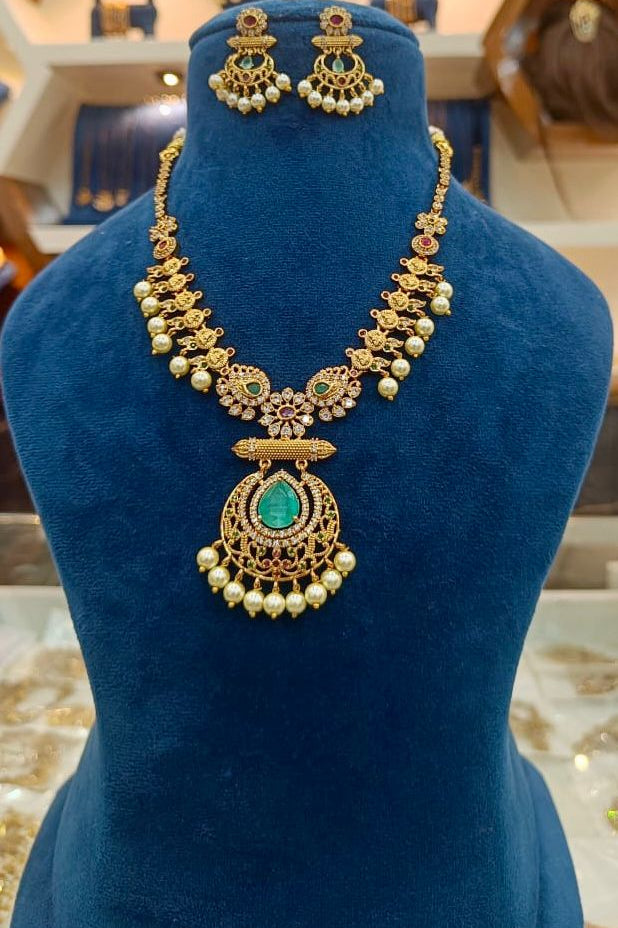 Traditional Gold-Plated Temple Necklace Set with Pearls & Stone Pendant – Bridal & Ethnic Jewelry for Women