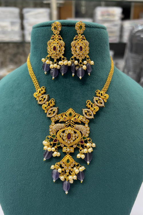 Antique Gold-Plated Necklace Set with Colored Beads & Kundan Work – Traditional Bridal Jewelry for Women