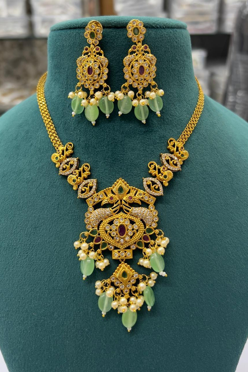 Antique Gold-Plated Necklace Set with Colored Beads & Kundan Work – Traditional Bridal Jewelry for Women