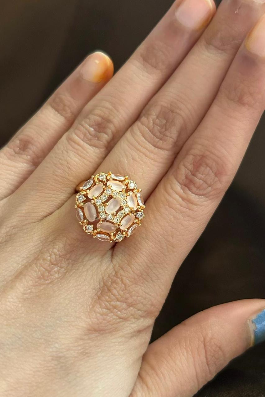 ROSE GOLD COCKTAIL RING WITH PEARLY STONES & CZ ACCENTS - STATEMENT JEWELRY