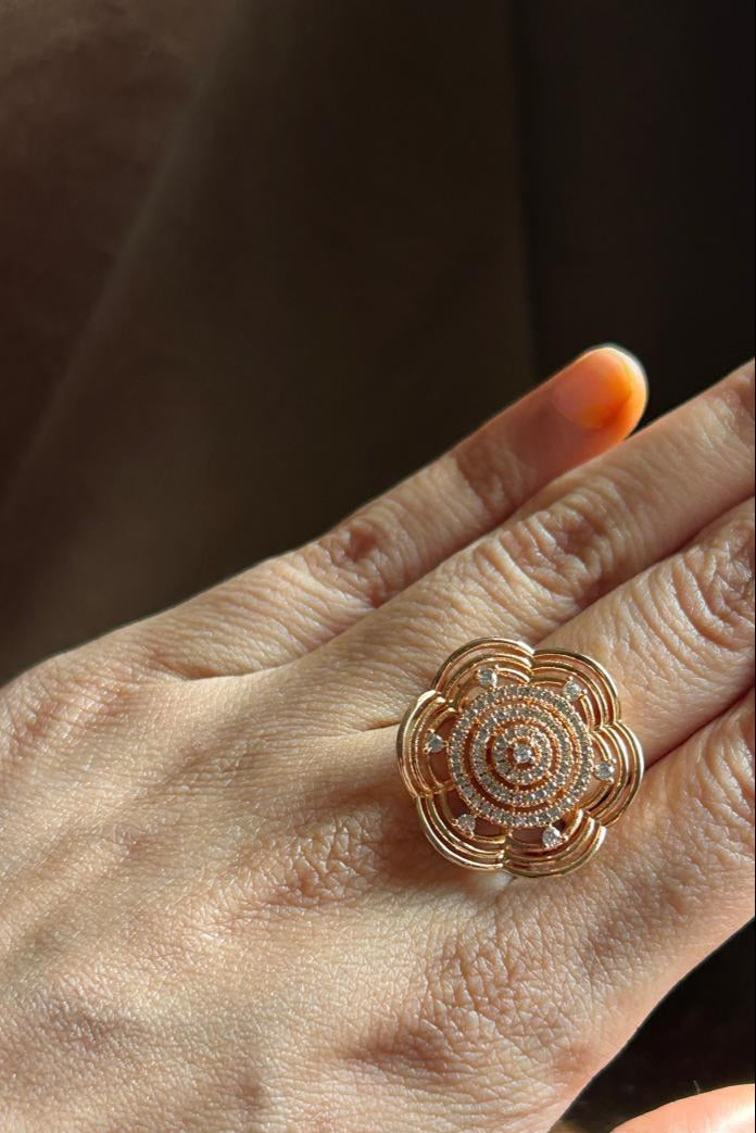 Gold Flower Ring with Diamond Center and Petals