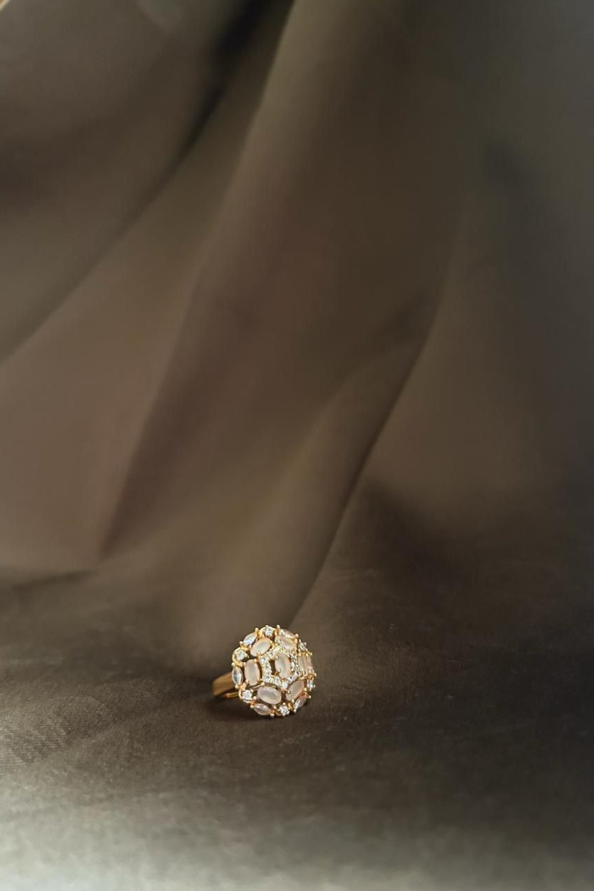ROSE GOLD COCKTAIL RING WITH PEARLY STONES & CZ ACCENTS - STATEMENT JEWELRY