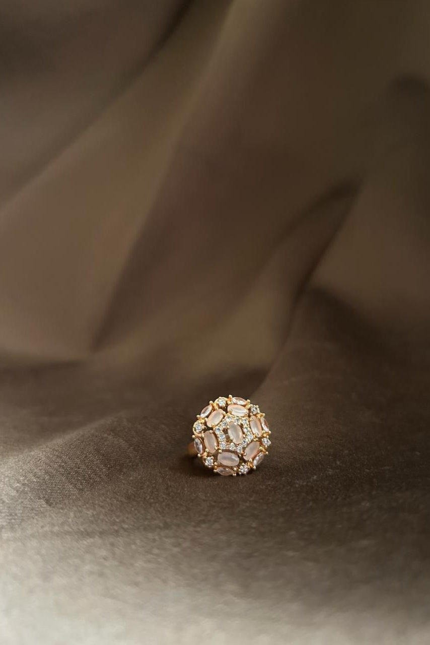 ROSE GOLD COCKTAIL RING WITH PEARLY STONES & CZ ACCENTS - STATEMENT JEWELRY