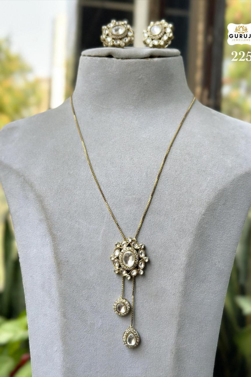 Elegant Floral Clear Stone Necklace Set | Gold-Toned Dangle Pendant & Earrings