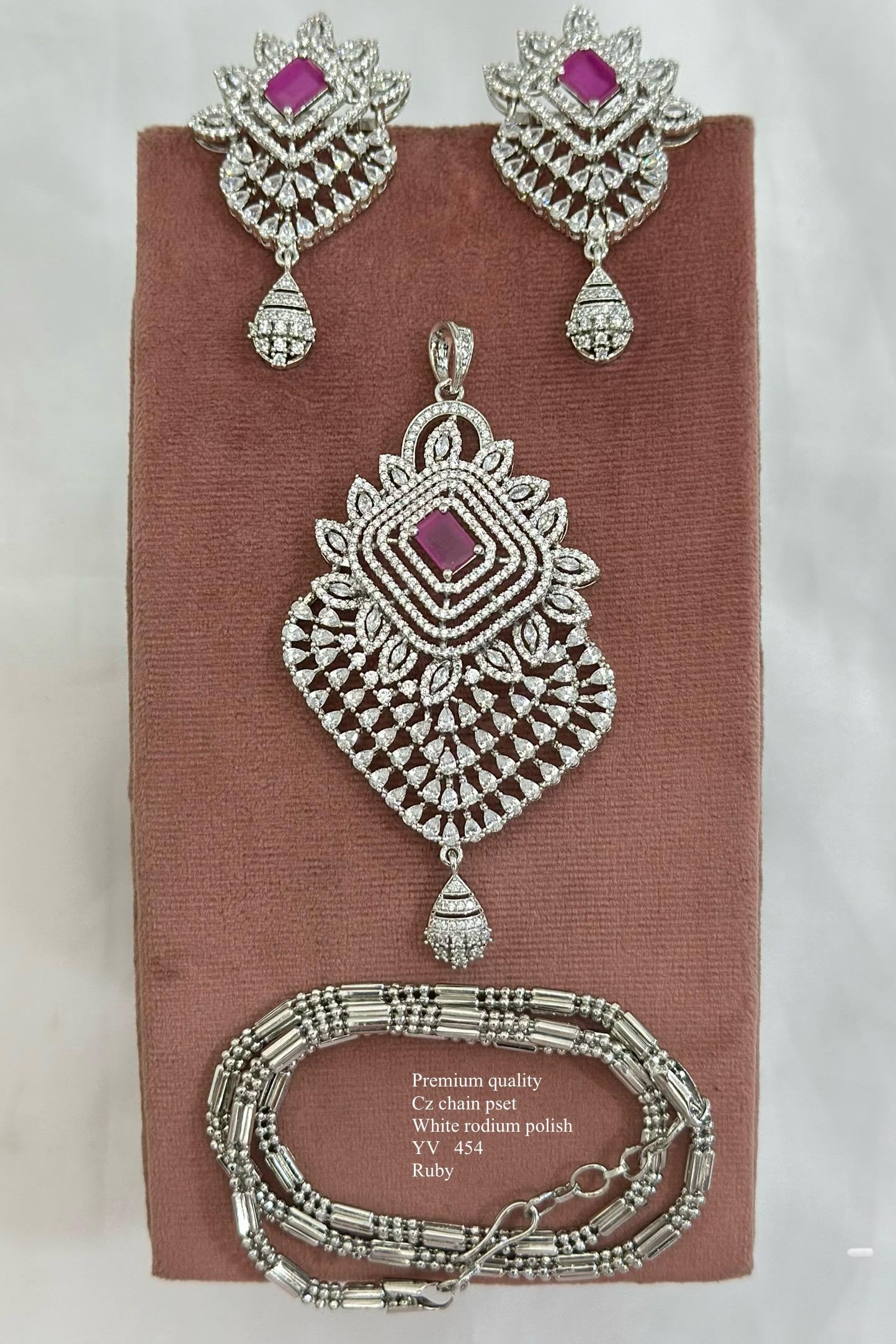 Premium Ruby & CZ Necklace Set | White Rhodium Polish & Dangle Earrings