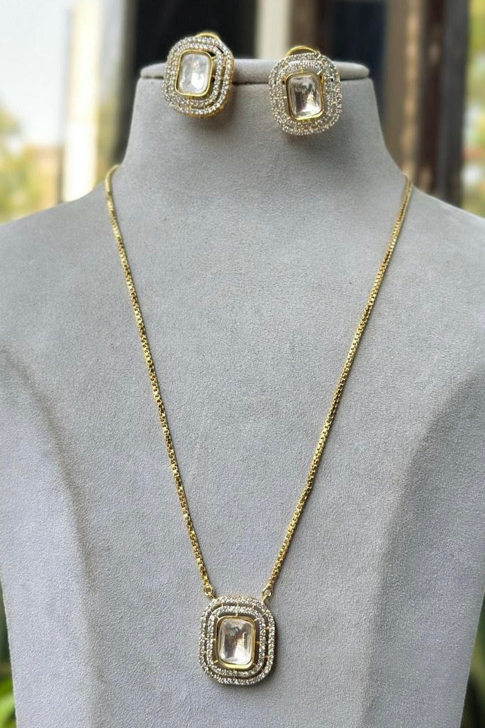 Elegant Square Clear Stone Necklace Set | Halo Pendant & Matching Earrings