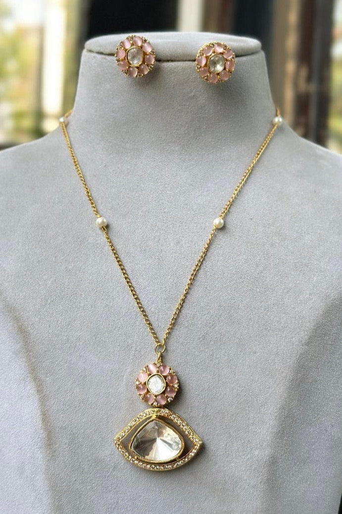 Elegant Pink & Clear Stone Necklace Set | Gold Chain with Matching Earrings