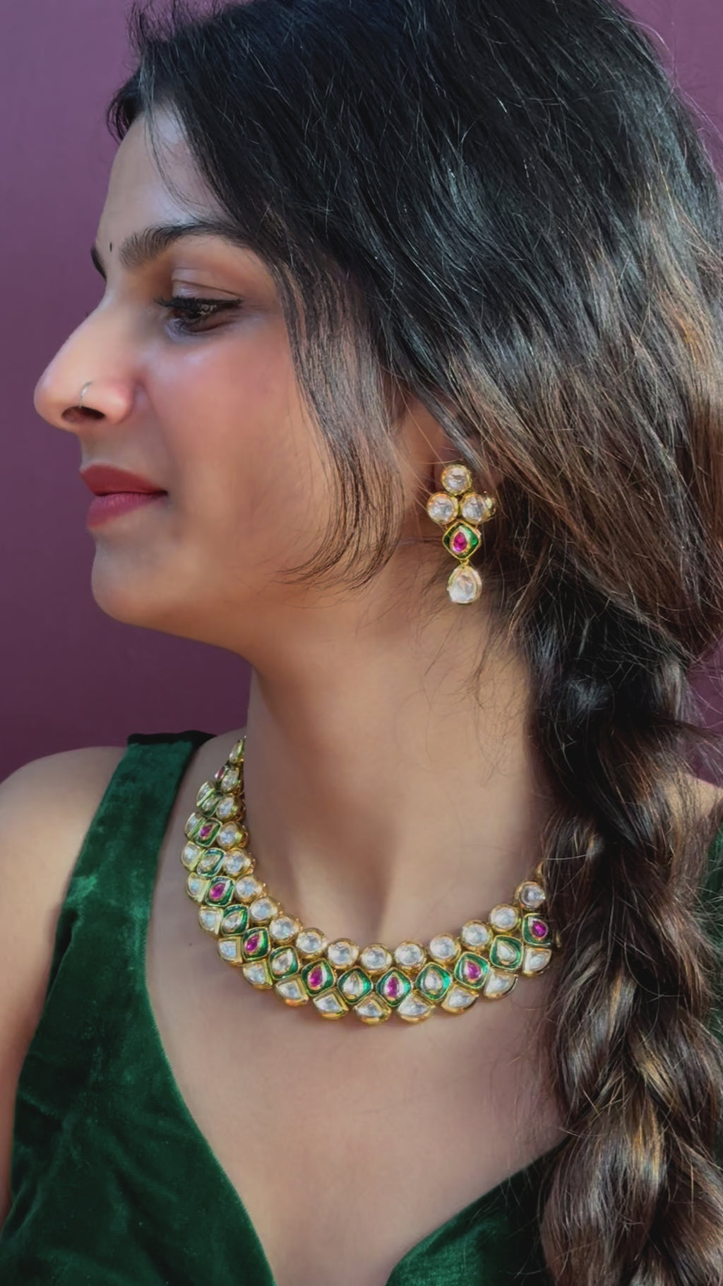 Stunning Gold Necklace and Earrings with Pink Gemstones: A Perfect Match for Green Enamel