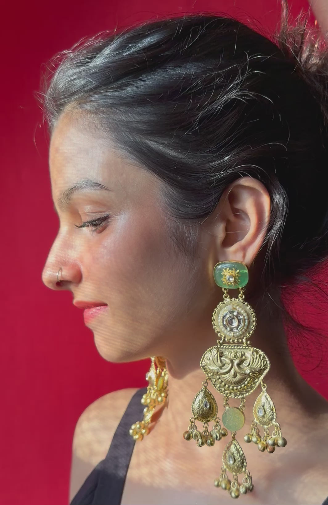 Antique Gold Temple Jhumka Earrings with Green Enamel & Kundan Work