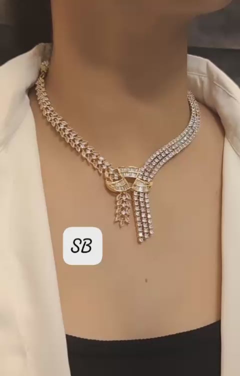 Gold-Plated American Diamond Choker Necklace Set with Matching Earrings – Elegant Party & Bridal Wear Jewelry