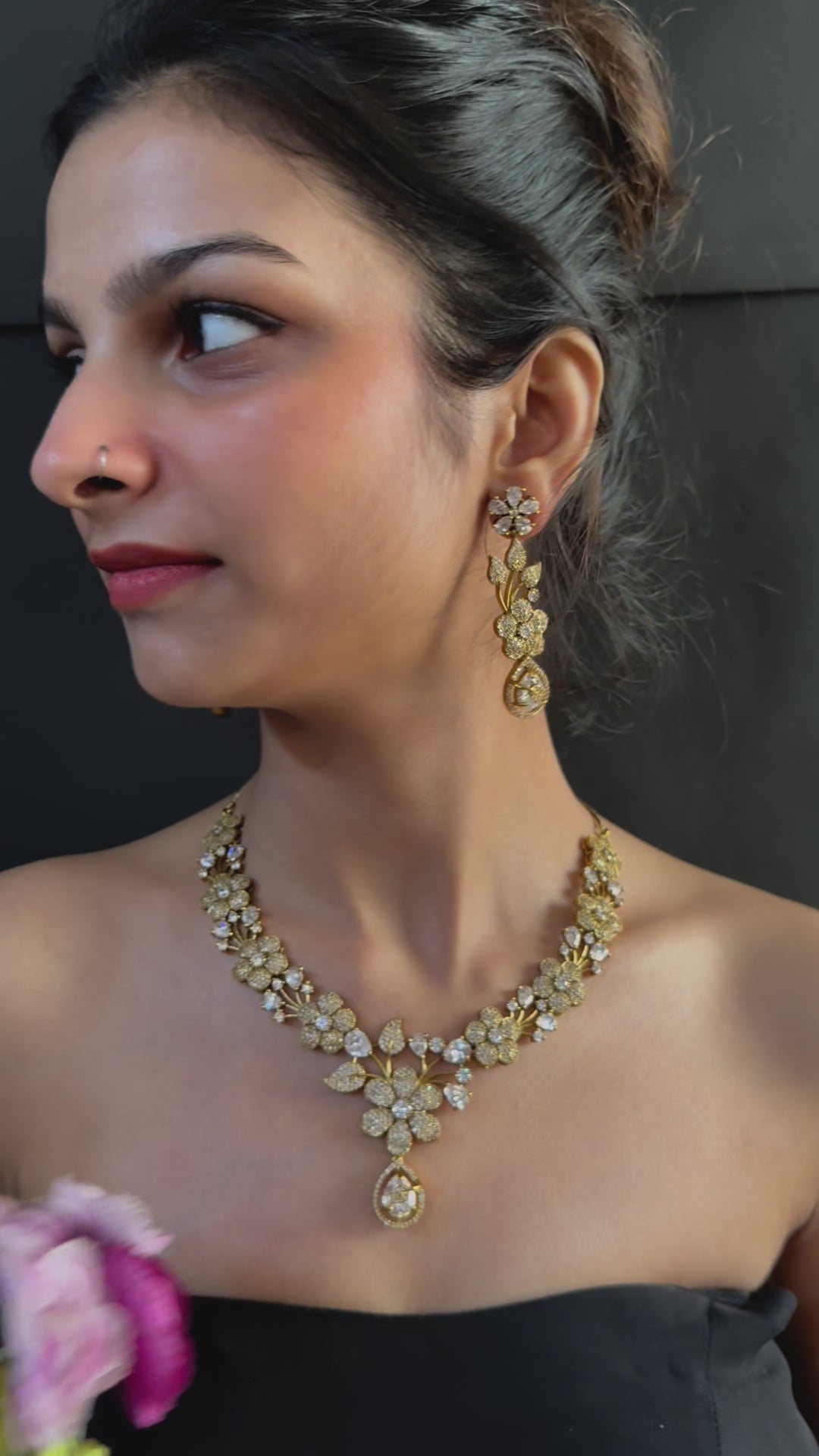Floral Diamond Necklace Set with Earrings – Elegant Gold Jewelry for Brides & Festive Occasions”
